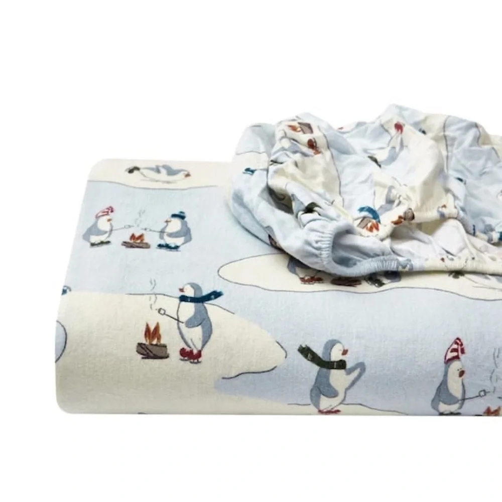 Eddie Bauer Skating Penguins 4-Piece Light Blue Graphic Flannel Full SheetSetNWT